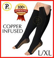 Presadee Copper Infused Open Toe 20-25 mmHg Zipper Compression Reduce Swelling Leg Calf Fatigue Knee Length Long Sock (Black, L/XL)