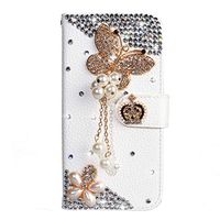 Crystal Wallet Case for iPhone 7/8 4.7",Aoucase Stylish Luxury 3D Handmade Pearl Pendant Butterfly Design Bling Pocket Purse Soft Rubber Stand White Leather Case with Black Dual-use Stylus
