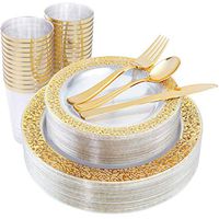 IOOOOO 150 Pieces Gold Plastic Plates & Disposable Silverware & Gold Cups, Lace Design Clear Dinnerware Includes: 25 Dinner Plates, 25 Dessert Plates, 25 Tumblers, 25 Forks, 25 Knives, 25 Spoons