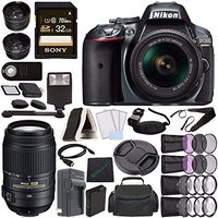 Nikon D5300 DSLR Camera with 18-55mm Lens (Grey) + Nikon AF-S DX NIKKOR 55-300mm f/4.5-5.6G ED VR Lens + Battery + Charger + Sony 32GB UHS-I SDHC Memory Card (Class 10) + Remote + Flash Bundle