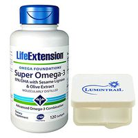 Life Extension Super Omega 3 Fish Oil with Sesame Lignans & Olive Extract, Heart & Joint Support - 120 Softgels Bundle with a Lumintrail Pill Case