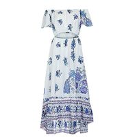 muyuhan Women's Loose Short Sleeve Floral Print Off Shoulder Long Maxi Dress Sundress(Blue,XL)