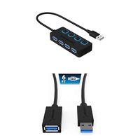 Sabrent 4-Port USB 3.0 Hub with Individual Power Switches and LEDs with 6 ft 22AWG USB 3.0 Extension Cable A-Male to A-Female [Black]