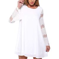 LOMONER Dress for Women O-Neck Solid Mesh Stripes Patchwork Full-Skirted Short Loose Mini Dress (S, White)