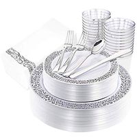 I00000 160pcs Silver Plastic Plates, Silverware, Silver Cups & Hand Napkins, Includes: 40 Forks, 20 Spoons, 20 Knives, 20 Dinner Plates, 20 Dessert Plates, 20 Tumblers, 20 Towels