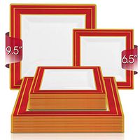 Elegant Disposable Plastic Plates 240 Count - 120 Pcs 9.5" Square White with Red & Gold Rim Dinner Plates - 120 Pcs 6.5" Fancy Dessert Plates Heavy Duty For Wedding, Birthday Party & All Occasions
