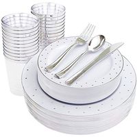 IOOOOO 150pcs Silver Plastic plates , Silver Disposable Cups and Silverware, 25 Guest Dot Set: 25 Dinner Plates 10.25", 25 Salad Plates 7.5", 25 Cups 10oz, 25 Forks, 25 Knives, 25 Spoons