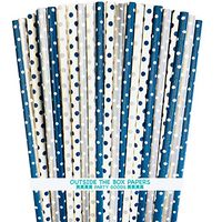 Navy Blue Silver and White Paper Straws - Polka Dot - 7.75 Inches - Pack of 100- Outside the Box Papers Brand