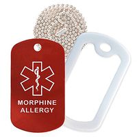 Morphine Medical Alert ID Necklace with Red Tag, White Silencer, and 30'' USA Chain - 154 Color Choices