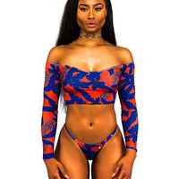 FANOUD Women Off Shoulder Long Sleeve Swimwear Split Swimsuit Bikini Beachwear (M)
