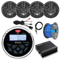 16'-25' Bay Boat Marine System Includes: Bluetooth Receiver, 4 x 6.5 Water-Resistant Speakers, 4-Channel Amplifier, 50ft Speaker Wire, Antenna, USB Aux Interface Mount