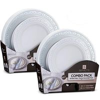 Laura Stein Designer Dinnerware Set of 80 Premium Plastic Wedding/Party Plates: White, Silver Rim. Set Includes 40 10.75" Dinner Plates & 40 7.5” Salad Plates | Servette Series