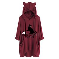 Sunhusing Womens Cute Lazy Lying Cat Printed Solid Color Long Sleeve Sweatshirt Cat Ear Hooded Pocket Tunic Tops(Wine,5XL)