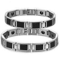 Fashionable Titanium Steel Couple Bracelet with Black Carbon Fiber Insert Magnetic Stone Anti-Fatigue and Anti-Radiation Bracelet (One Pair)
