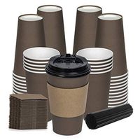 Savourio Coffee Cups with Lids – 16 Oz Disposable Coffee Cups 100 Pack Paper Cups with Stirring Straws, Lids, Sleeves, Hot Coffee Container – Brown Tall Tea Cup to Go – Leakproof Paper Sleeves Cups