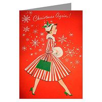 Twelve 3.5x5 Vintage Holiday Note Cards In A Boxed Set Of Woman With Red Striped 50's Dress In A Christmas Spirit Wishing You A Merry Holiday Season