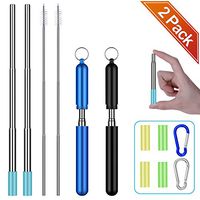 Reusable Straws Collapsible - Metal Portable Stainless Steel Drinking Straw with Case & Cleaning Brush, 2 Pack Black/Blue