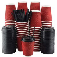 NYHI Set of 100 Red Disposable Paper Cups with Black Lids and Straws (12-oz) | Ripple Insulated Kraft for Hot Drinks - Tea & Coffee | Triple Layer Design | Eco- Friendly, Recyclable, Durable Paper