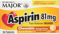 Aspirin 81mg Chewable Orange Flavored Tablets Generic for Bayer Children's Aspirin 36 Tabs per Boxe Pack of 12 Toatal 432 Tabs.