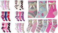 Cozy Thermal Crew Socks Cushioned Fluffy Stripes & Polka Dots (Pastel & Dark Shades 6 Pairs Assorted)