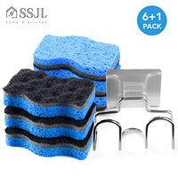 SSJL Multi-Use Kitchen Sponges with Adhesive Stainless Steel Holder - Natural Sponges Kitchen Dish Sponge Dual-Sided Cellulose Scrubber - Effortless Cleaning Eco Scrub Pads for Dishes (6 Pack)