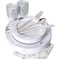 NERVURE 175PCS Silver Marbling Disposable Plastic Plates and Tableware Set：25 Dinner Plates,25 Dessert Plates, 25 Forks,25 Knives, 25 Spoons, 25 Cups,25 Napkins.