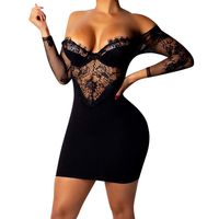 Kawaiine Women's Sexy Open Shoulder Lace Off Shoulder Bag Hip Dress Black