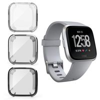 Suoman 3-Pack Compatible Fitbit Versa Case, Soft Plated TPU All-Around Protective Bumper Cover Case for Fitbit Versa Smartwatch, (Not Fit for Versa Lite), Black+Silver+Clear