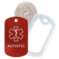 Autistic Medical Alert ID Necklace with Red Tag, White Silencer, and 30'' USA Chain - 154 Color Choices