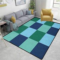 YucouHome Navy and Teal Sports Door Mats Inside Non Slip, Aquatic Colored Squares with Old Fashioned Polka Dots Retro Style Maritime, Fashionable High Class Living Dinning Room(5'x 8') Multicolor