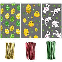 LOKIPA 150 Easter Bunny Cellophane Party Bags Treat Candy Bags with 300 Pieces Twist Ties for Kids Easter Parties and Treats