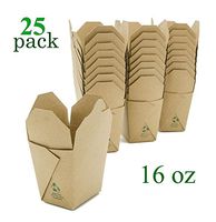 Takeout Food Container Boxes - Microwavable - Pint 16 oz - Pack of 25 - Disposable - Recyclable - Easy Fold and Close Chinese Box - Kraft Brown