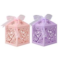 Lucky Monet 100Pcs Love Heart Laser Cut Candy Box Small Gift Chocolate Boxes for Wedding Party Favor Birthday Bridal Baby Shower with Ribbon (50Pcs Pink + 50Pcs Lavender)