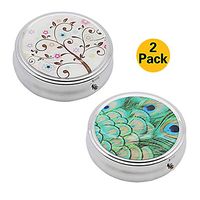 Round Silver Pretty Pill Box Set of 2 - Classy Pill case Decorative Boxes for Purse - 3 Compartments Pocket Medicine Tablet Purse Pill Organizer Case - Travel Pill Vitamin Holder (Set 02)
