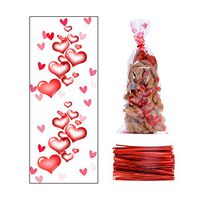 100 Pcs Valentine Cellophane Cookie Bags Goodie Candy Treat Bag with Twist Ties for Valentine's Day Party Supplies (Style A)