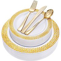 BUCLA 25 Guest Gold Plastic Plates with Disposable Plastic Silverware, Hammered Design Plastic Tableware include 25 Dinner Plates,25 Salad Plates,25 Forks, 25 Knives, 25 Spoons