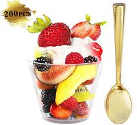 NERVURE  6OZ Dessert Cups with Gold  Small Spoons -Included 200 Pieces Small Clear Cups and 200 Pieces Dessert Spoons -Small Disposable Reusable Serving Cups Great for Event and Party