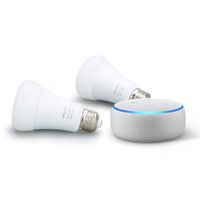 Echo Dot (3rd Gen) Sandstone Bundle with Philips Hue White & Color 2-pack A19 Smart Bulbs, Bluetooth & Zigbee compatible (No Hub Required)