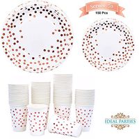 150 PCS Rose Gold Dot Disposable Paper Plates and 12oz Cups - Disposable Cups Dinner Plates and Dessert Plates – Bridal Shower, Baby Shower, Wedding Anniversary Birthday Party Supplies 50 Guest!!