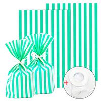 ADIDO EVA 100 Packs Green Cellophane Bags Stripes Cookie Bags with Ties Clear Plastic Goodie Bags for Dessert Cookie Candy Snack Wrapping Party Favor Bags (8 x 5.5 x 2 inch Mint Green)