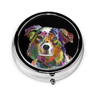 New Silver Round Pill Box，Australian Shepherd Portable Decorative Metal Medicine Vitamin Organizer Storage Travel Pill Case Holder .Unique Gift-Compact 3 Compartment