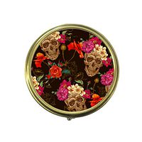 Custom Fashion Round Pill Box Medicine Tablet Holder Wallet Organizer Case for Pocket or Purse (Skull and Flowers)