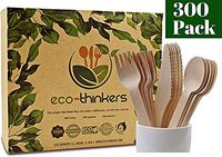 ECO-THINKERS Premium Disposable Wooden Cutlery Set. Our Wooden Utensils are Eco friendly Biodegradable Compostable & The Best Alternative to Plastic Silverware 300 Pcs of Wooden Spoons Knives & Forks