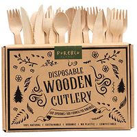 Pureblu Planet - Disposable Wooden Forks, Spoons, Knives Set | Alternative to Plastic Cutlery - Biodegradable Replacements (250 Count - 100 Spoons, 100 Forks, 50 Knives)