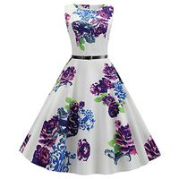 Summer Women's o-Neck Audrey Hepburn 50s Vintage Elegant Floral Rockabilly Swing Cocktail Party Dress with Belt(Purple, S)