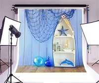 Baocicco 5x5ft Marine Backdrop Wood Backdrop Boy Birthday Babyshower Room Decor Backdrop Ship Shape Shelf Sailboat Starfish Dolphin Fishing Net Balls Wooden Wall Floor Children Photography Background