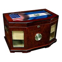 Large Premium Desktop Humidor - Glass Top - Flag of El Salvador (Salvadorian) - Waves with USA Flag - 300 Cigar Capacity - Cedar Lined with Two humidifiers & Large Front Mounted Hygrometer.