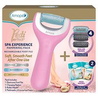 Amopé Pedi Perfect Spa Experience Pampering Pack, Wet & Dry Electronic Foot File, Waterproof, Rechargeable, Cordless, Dual Speed Includes 4 Rollers & 2 Pedimask