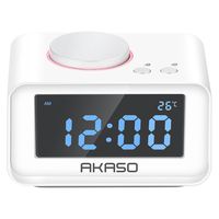 Alarm Clock Radio, AKASO Digital Alarm Clock 12/24H with Dual Alarm Clock, Dimmer, Snooze, Thermometer, Aux-in port, Dual USB Charging Port for Phone and Tablets, Battery Backup for Home Office, White