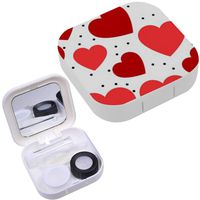 Portable Contact Lens Case Box Travel Kit Mirror + Bottle + Tweezers Container Holder [ Red Hearts On White ]